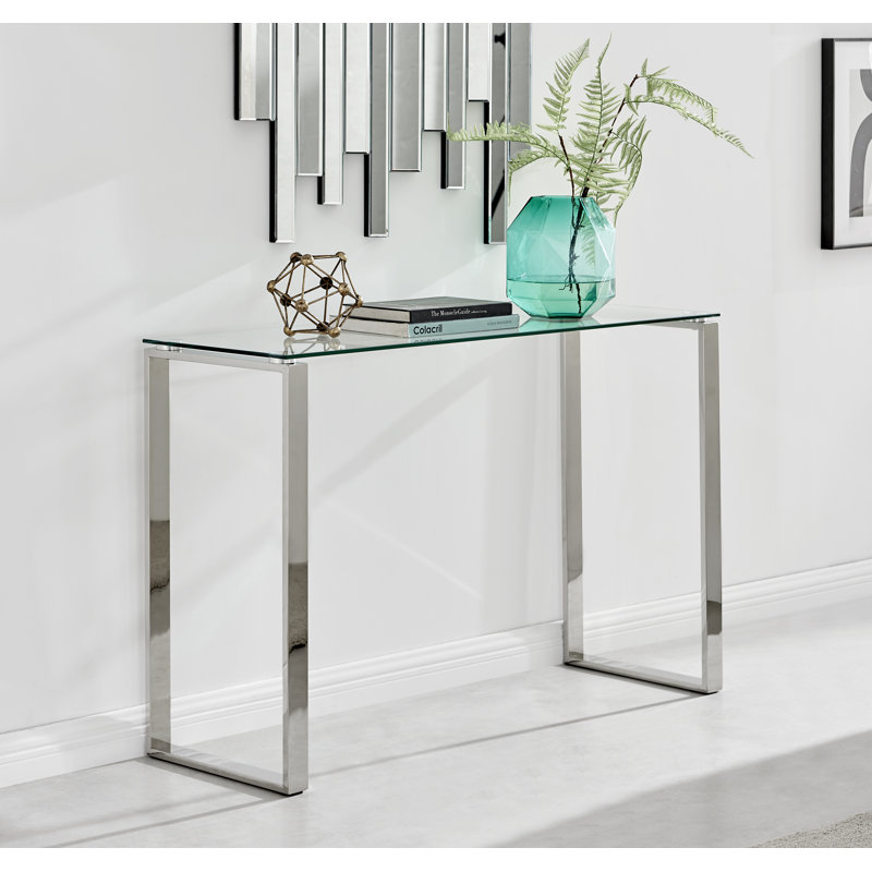 Eugenia Modern Sleek Sled Design Chrome Metal and Glass Console Table